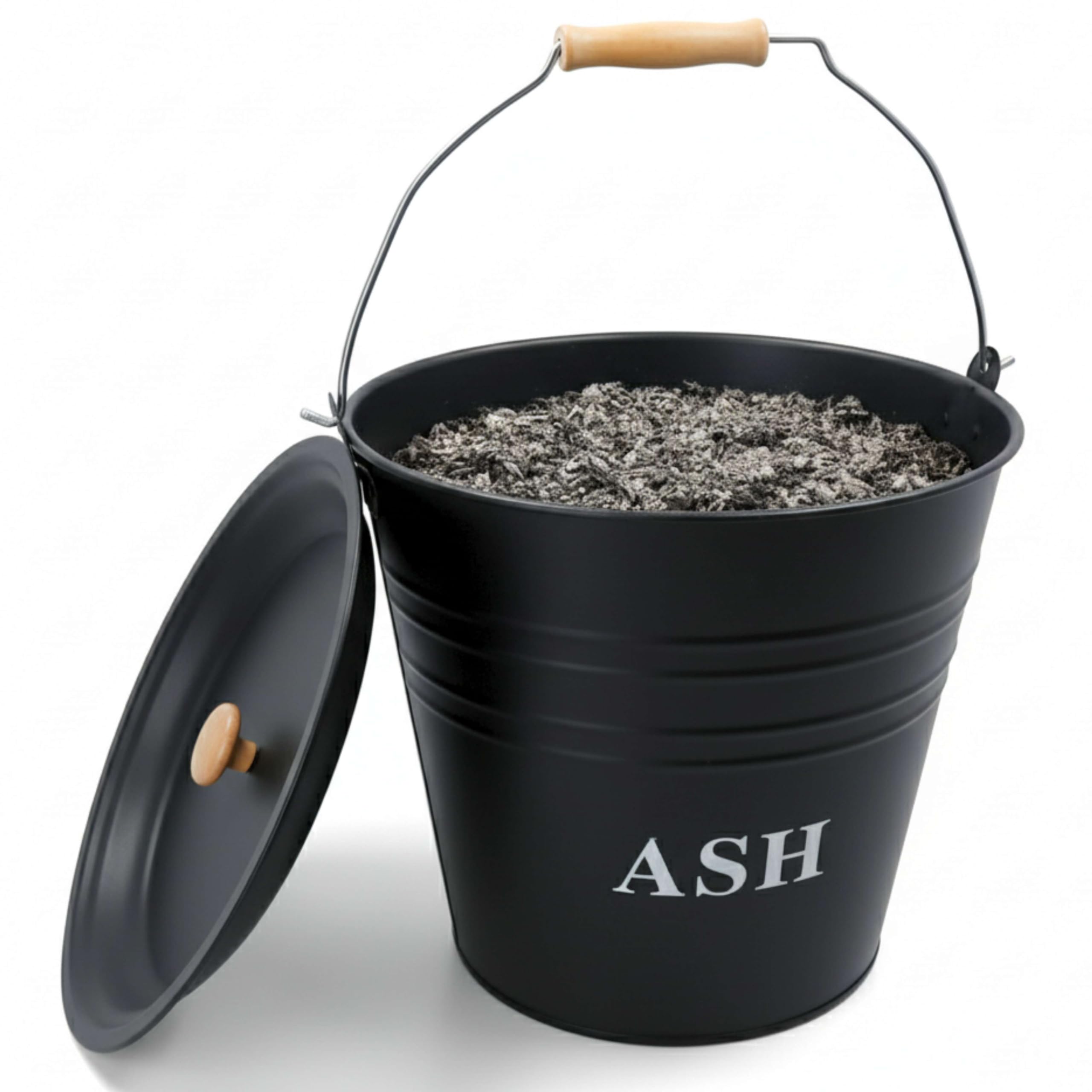 Unibos | Metal Ash Bucket With Lid Wooden Handle Fireplace Container Litre Black Coal | Wooden Handle & Lid| Log Holder | Fireplace Fire Pit Wood Burning Stove Bin | 12L