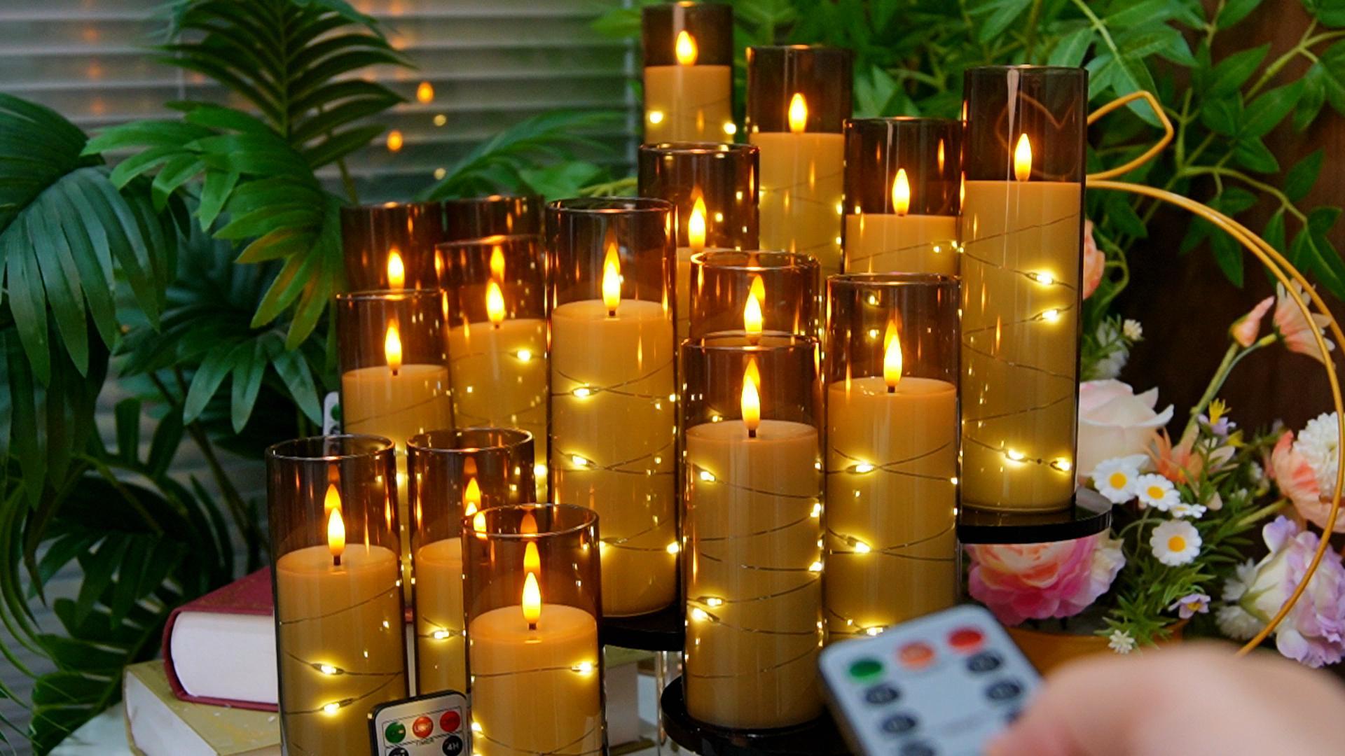 Image of 24-Pack Gray Flameless Candles with Remote Control, Battery-Powered LED Candles with Embedded Star String Lights & Realistic Flickering Flame. with Timer for Christmas, Home, Wedding, Fireplace Mantle