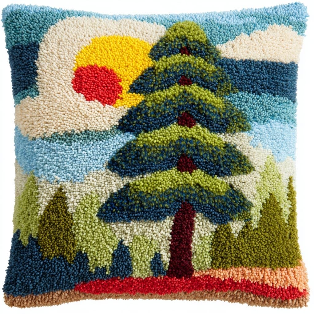 WallustrioaW Latch Hook Kits for Adults,Sunset Pine Tree Landscape,DIY Latch Hook kit Cushion Throw Pillow Embroidery Craft for Beginner Christmas,Birthday Gifts,17x17in