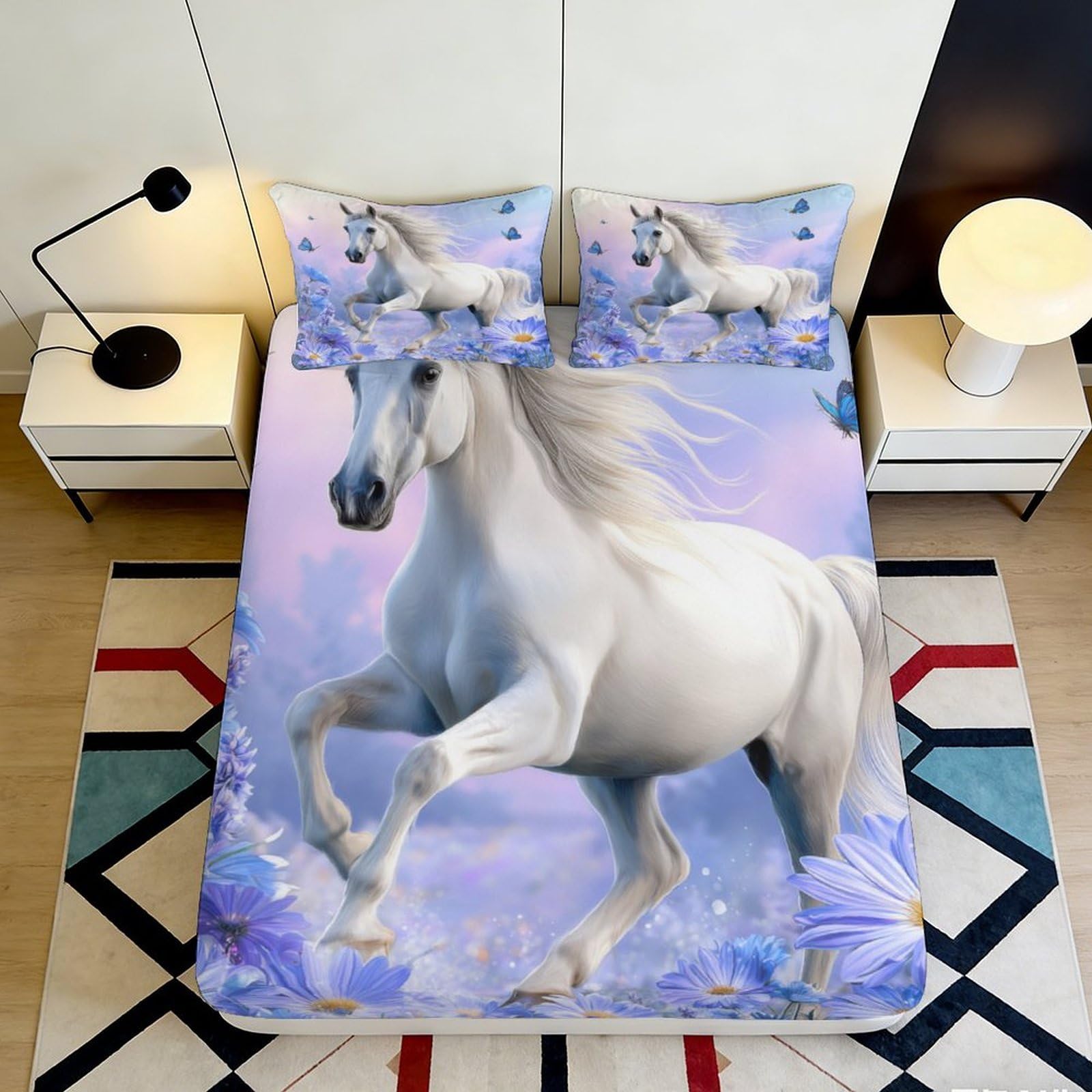 3D Printed White Horse Fitted Sheet Microfiber Soft Breathable Fantasy Meadow Bed Cover for Bedroom Dorm Decor 90x200x25cm