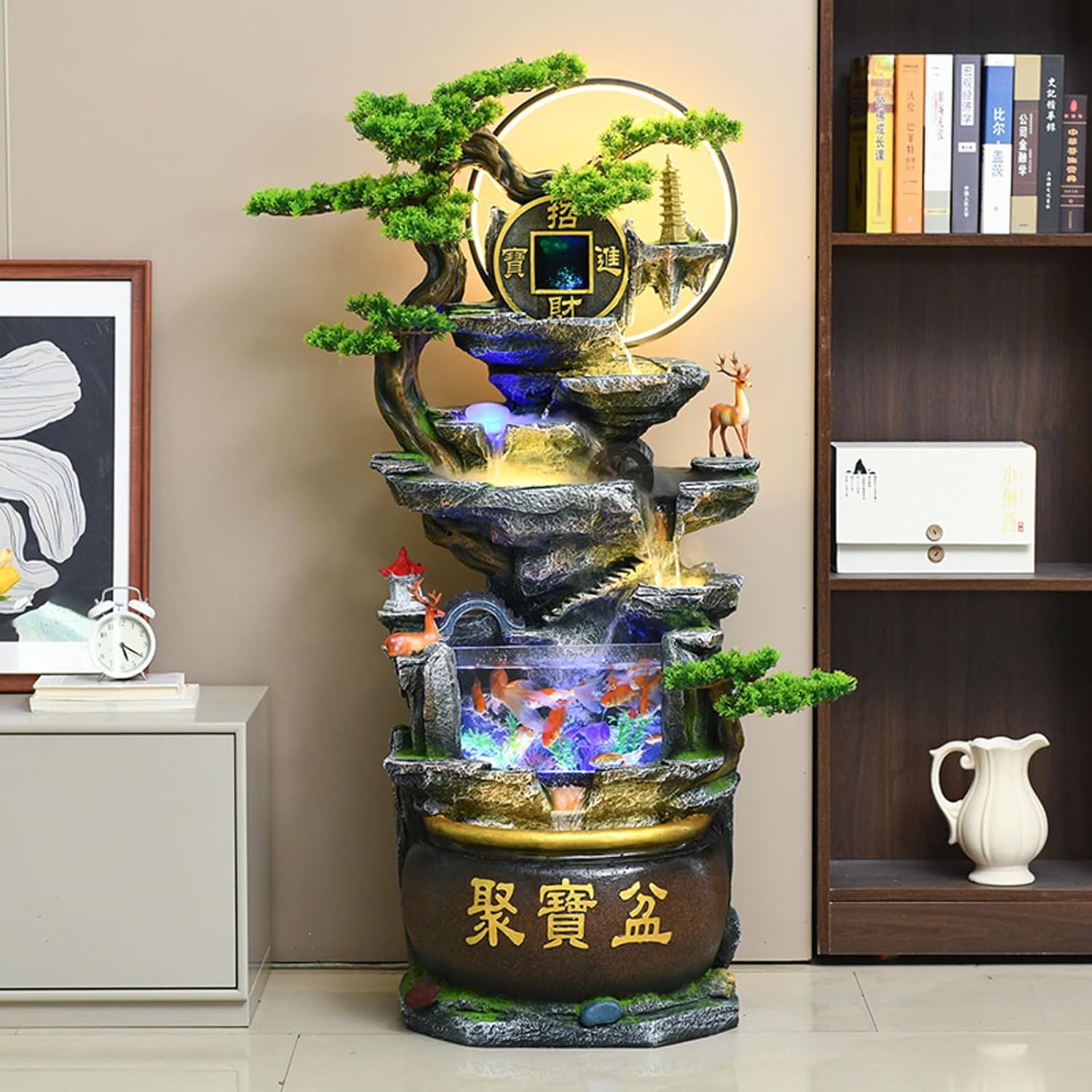 Water Fountain with Tree and Fish Tank - Feng Shui Bonsai Decor for Wealth and Prosperity - Cascading Water Feature for Home, Office, and Lobby (Large)