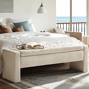 55" Modern Upholstered Storage Bench with Tufted Seat, Fabric Ottoman Bench for Bedroom, Entryway, or Living Room, Soft Close Hinge,Linen