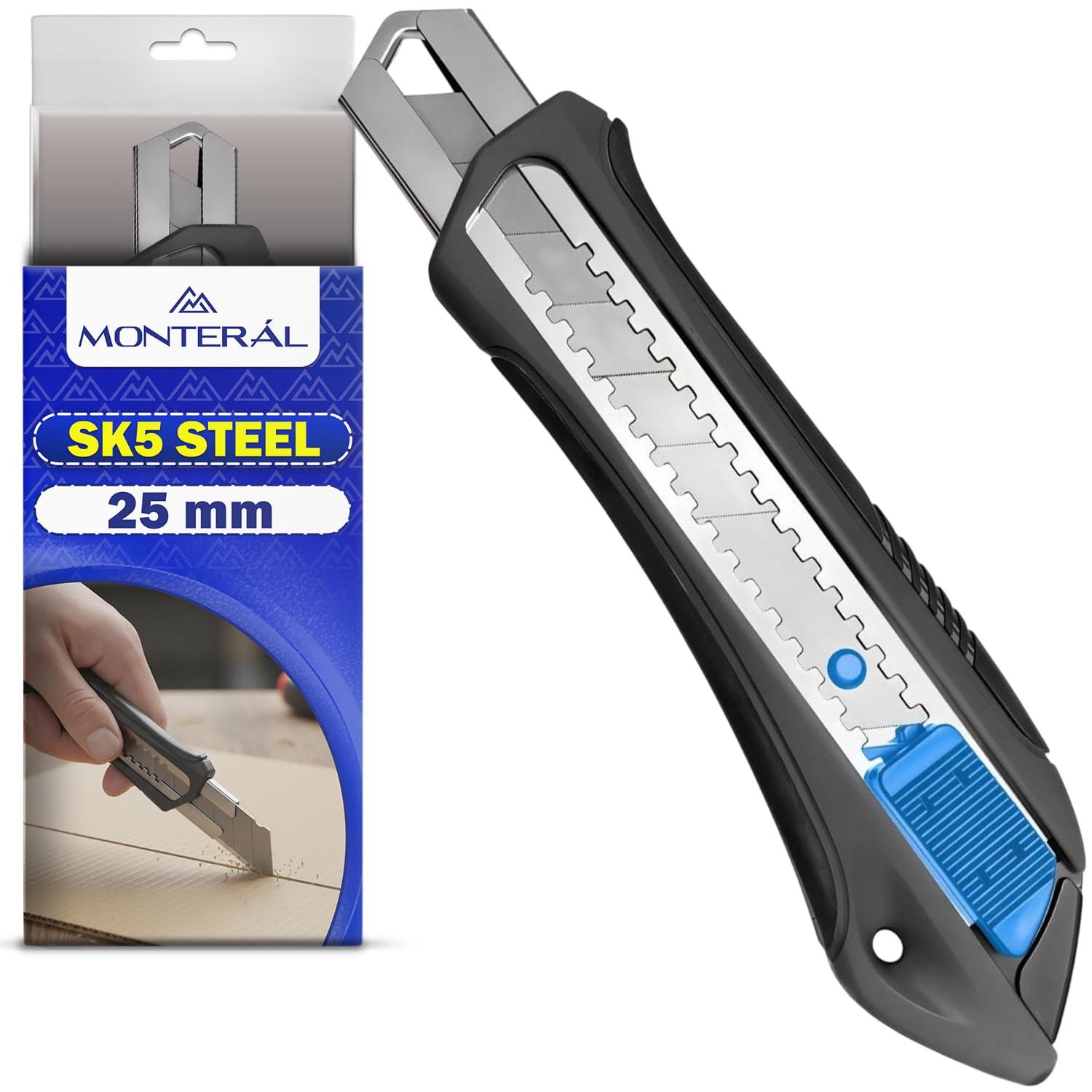 Cutter Profesional 25 mm con Hoja de Acero SK5 - Cuter con Resistencia de 60 kg y Bloqueo Automático - MONTERAL