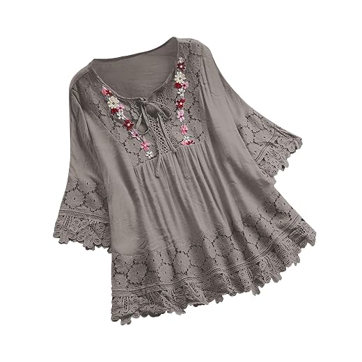Women Cotton Linen Embroidered Tops Loose Fit Tunic 3/4 Sleeve Summer Blouse Shirts Boho Peasant Trendy Clothes 2024