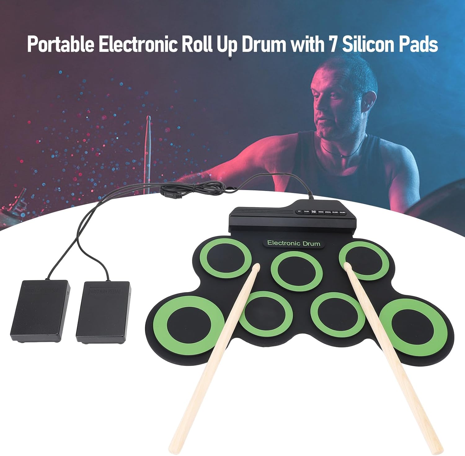 Alomejor Electronic Drum Set, Foldable Silicone Roll Up Drum with 7 Pads and Pedal - Portable Practice Kit with Headphone Jack for Beginners and Professionals