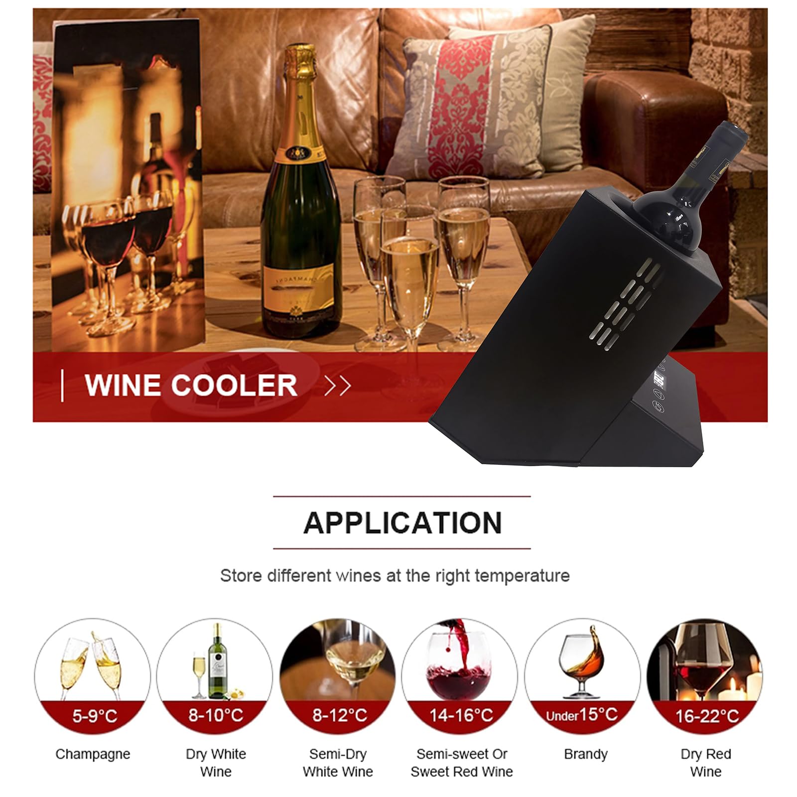 Enfriador de vino eléctrico, enfriador de botella individual para 750 ml con control táctil LCD, regulación de temperatura de 5.0-17.8 °C, acero inoxidable para el hogar, coche, fiestas, regalo