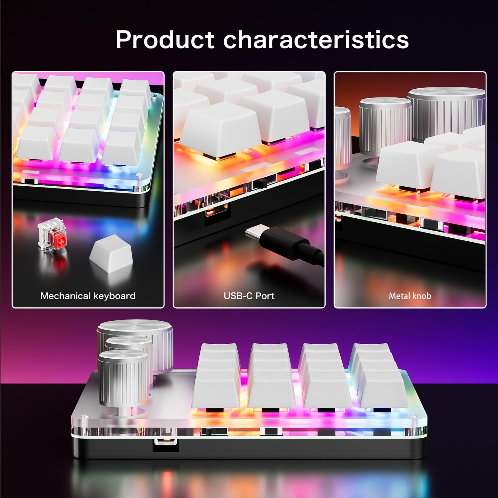 Tosuny Clavier Macro Programmable, Clavier de Jeu Bluetooth 16 Touches avec 3 Boutons et Contrôleur de Volume, Rétroéclairage LED RVB, Macro OSU pour Wins, OS X (avec Câble (White)
