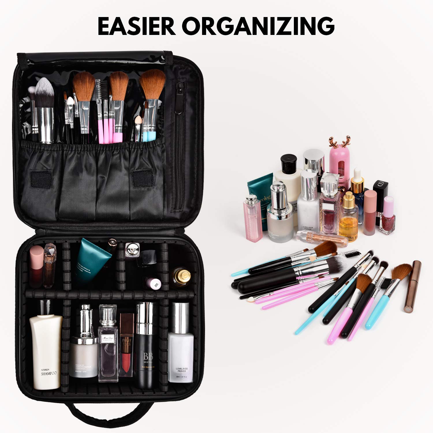 Travel Makeup Case Professional Cosmetic Train Cases Artist Storage Bag Make Up Tool Boxes Brushes Bags With Compartments Waterproof Detachable Vanity Organizer, Black, M, Minimalist 3