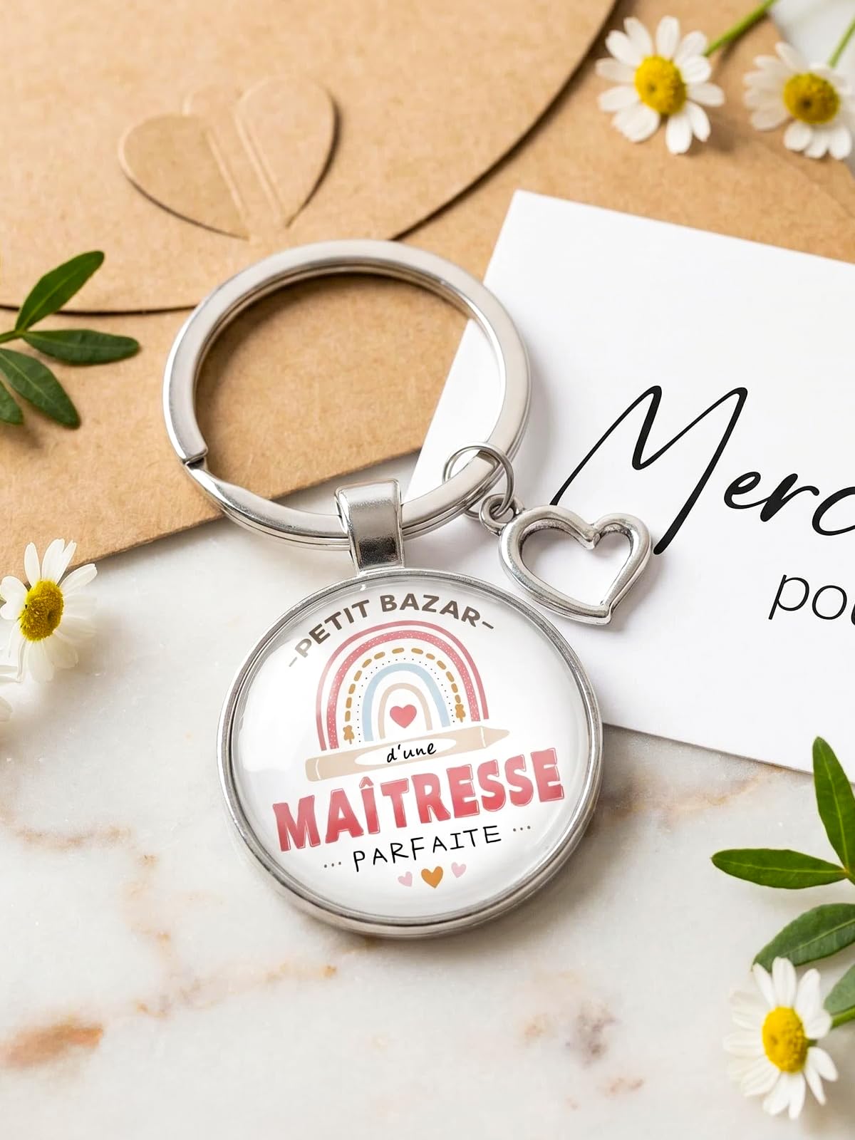 Cadeau Maitresse D'école, Cadeaux Maitresse Sac Tote Bag, Porte Clés et Carte de Remerciement, Merci Cadeau Maitre D'école Fin D'année