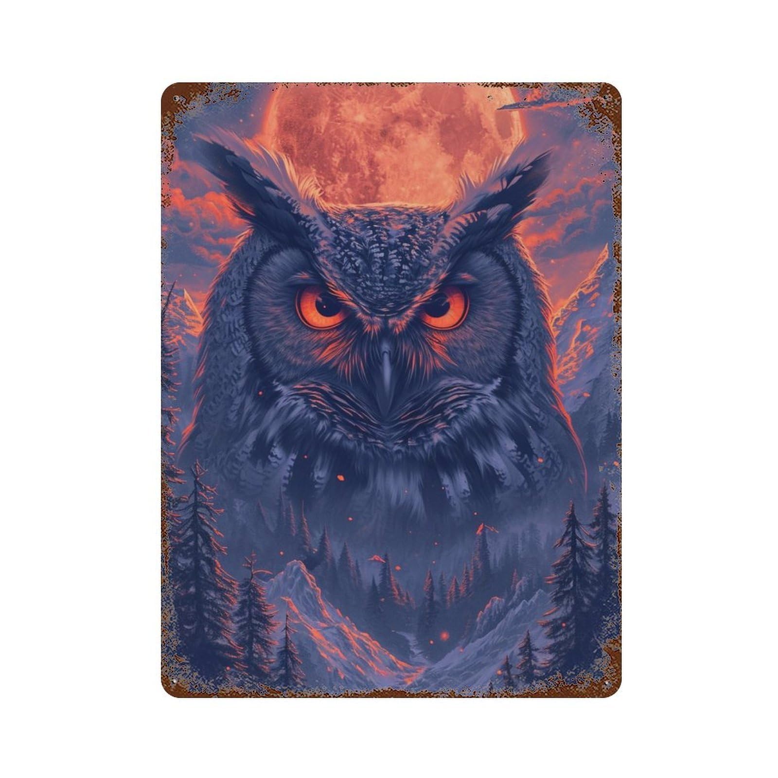 Owl Moonlit Forest 15.7"x11.8" Vintage Rust Metal Sign, Shabby Chic Decor for Cafe, Home Bar And Lounge Decor