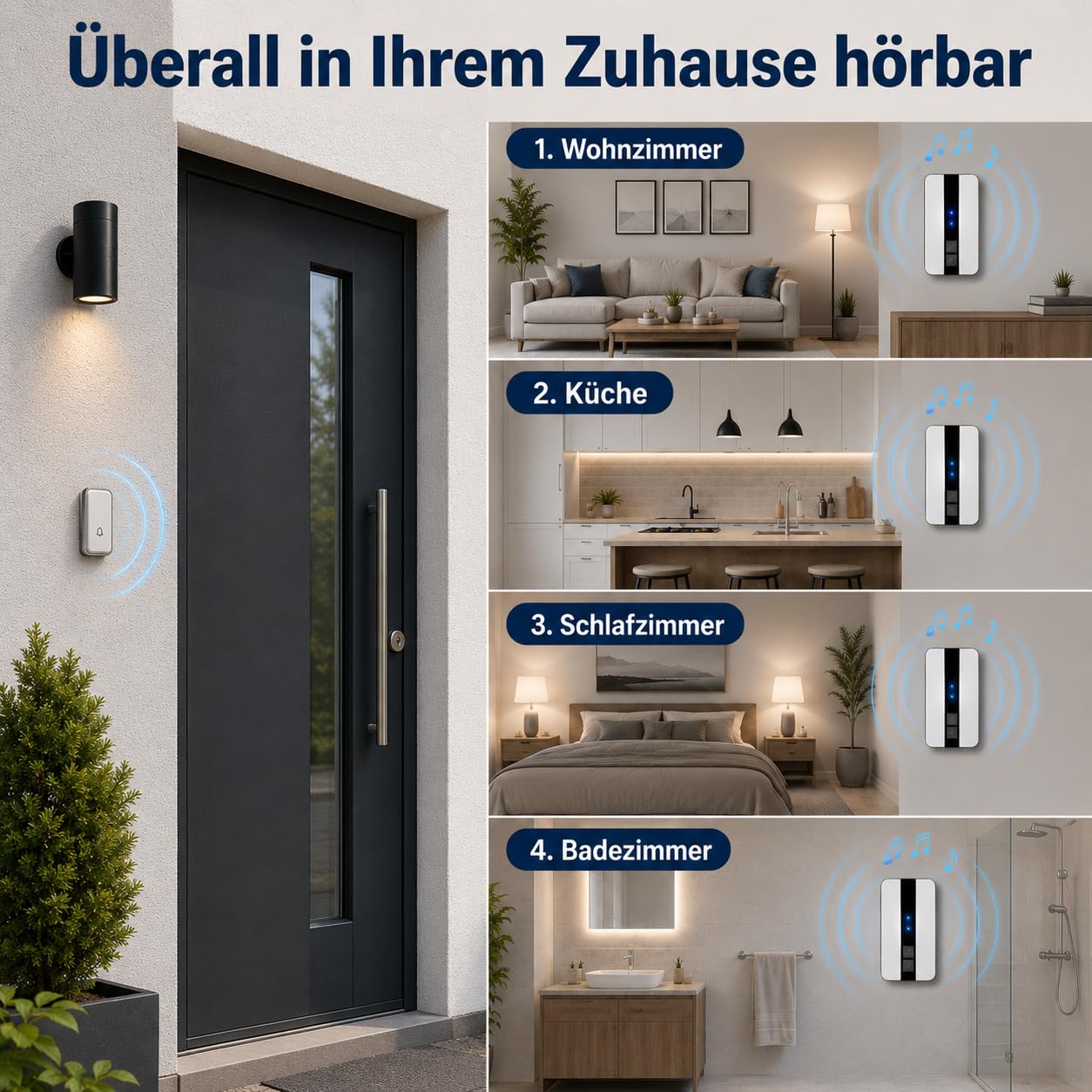 Funkklingel Set, batterielos, 2 Sender, 4 Empfänger | Keine Batterien erforderlich, 200 m Reichweite, IP55, 51 Melodien, 4 Lautstärken, LED-Anzeige, einfache Montage