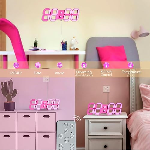 Miniatura 6 de KOSUMOSU Reloj LED rosa 3D de pared de 9.7 pulgadas, reloj de mesa para sala de estar, reloj digital moderno para dormitorio, estético, mesita de