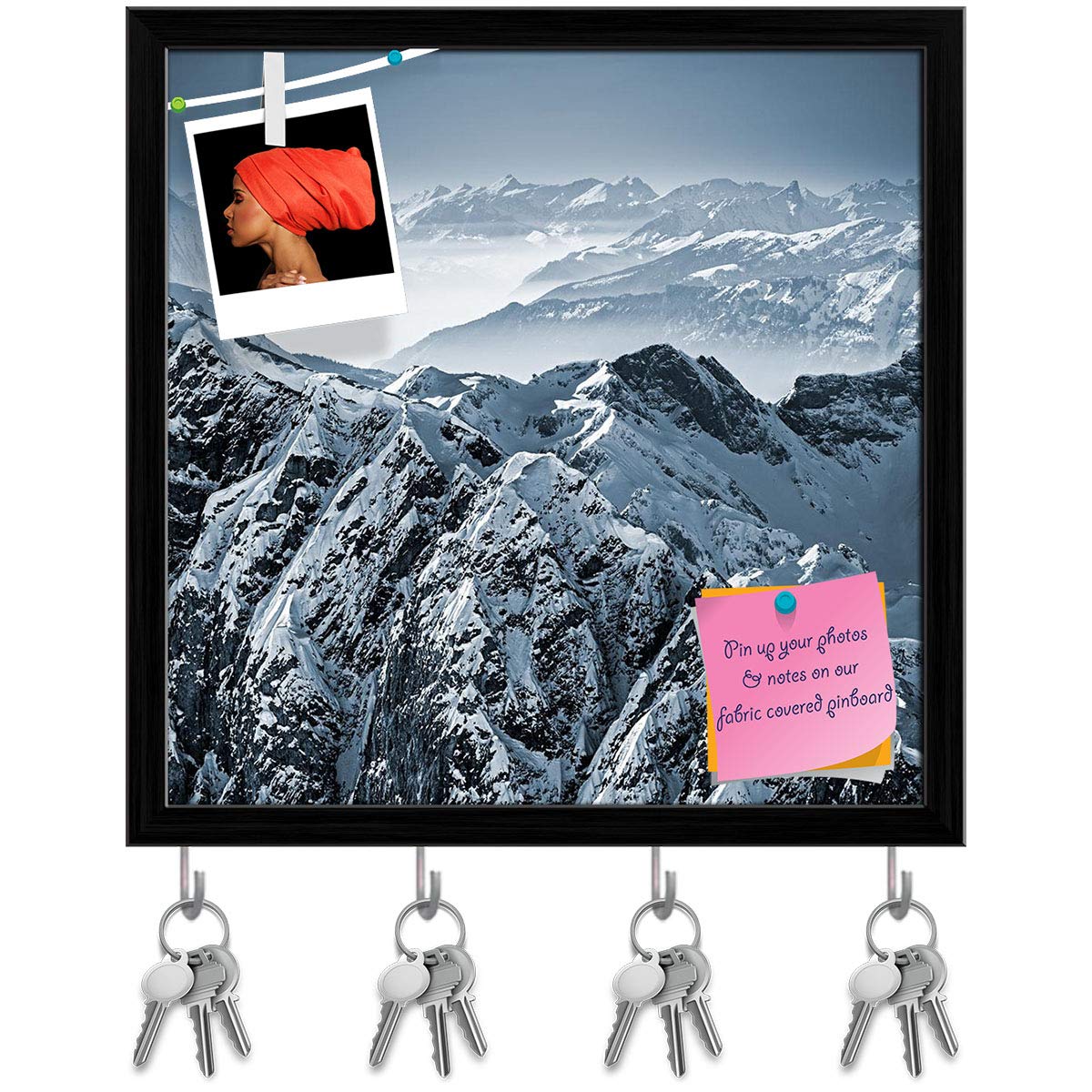 ArtzFolio Swiss Alps View From Mount Titlis Switzerland Key Holder Hooks | Notice Pin Board | Black Frame 12 X 12Inch