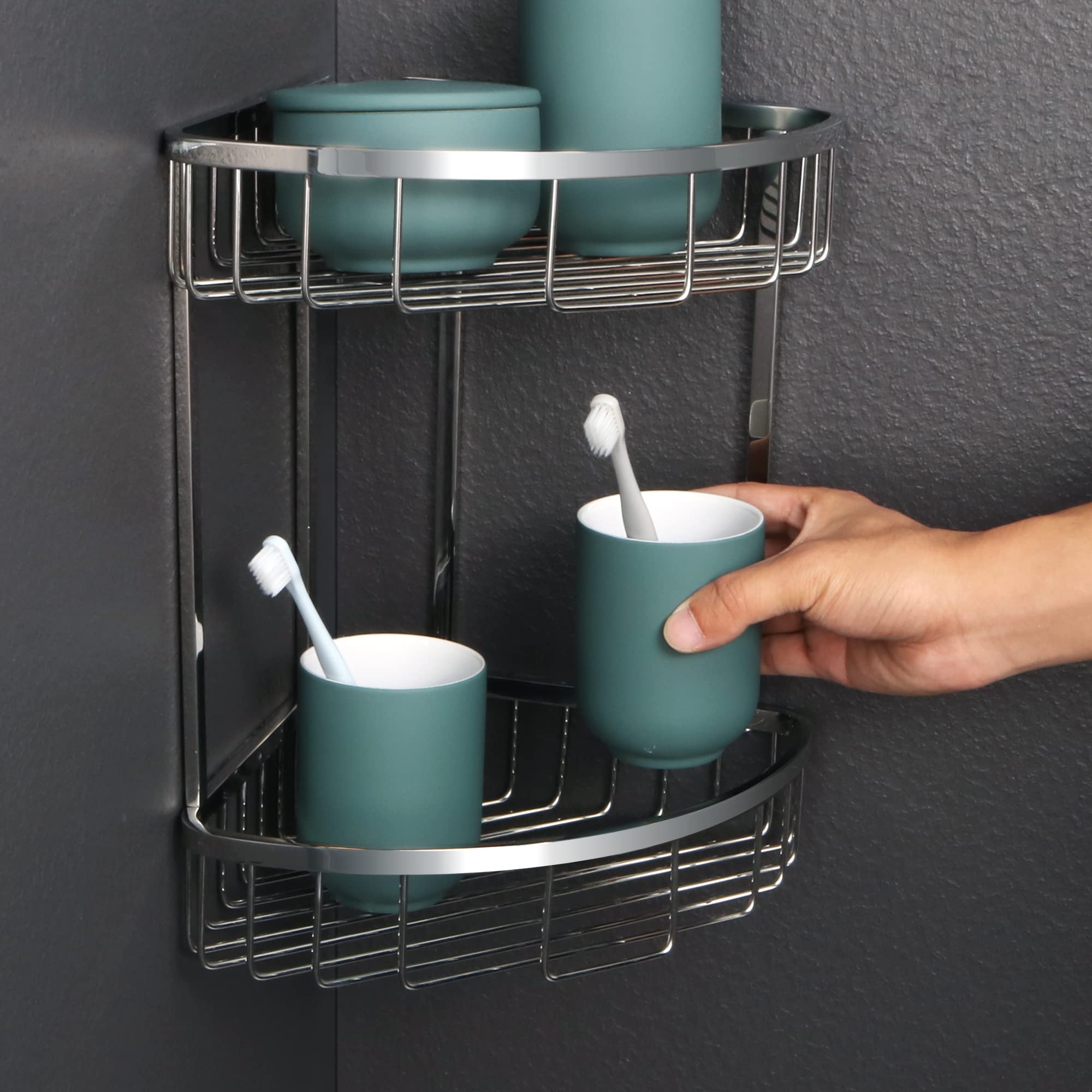SAYAYO Mensola Doccia Angolare Mensola Bagno in Acciaio Inox 304, Portasapone Doccia Angolo Ripiani Angolari Per Bagno Cestino Portaoggettia Parete a 2 Piani, Cromo Lucido