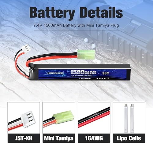 Miniatura 3 de URGENEX Batería Airsoft 7.4V 1500mAh 35C Alta tasa de descarga Lipo Batería con Mini Tamiya Plug Recargable 3S Lipo con cargador USB 1TO2 apto para