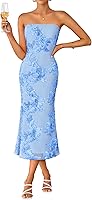 ZESICA Women's Strapless Floral Mesh Midi Dress - Bodycon Tube Formal Cocktail Wedding Guest Summer Dress
