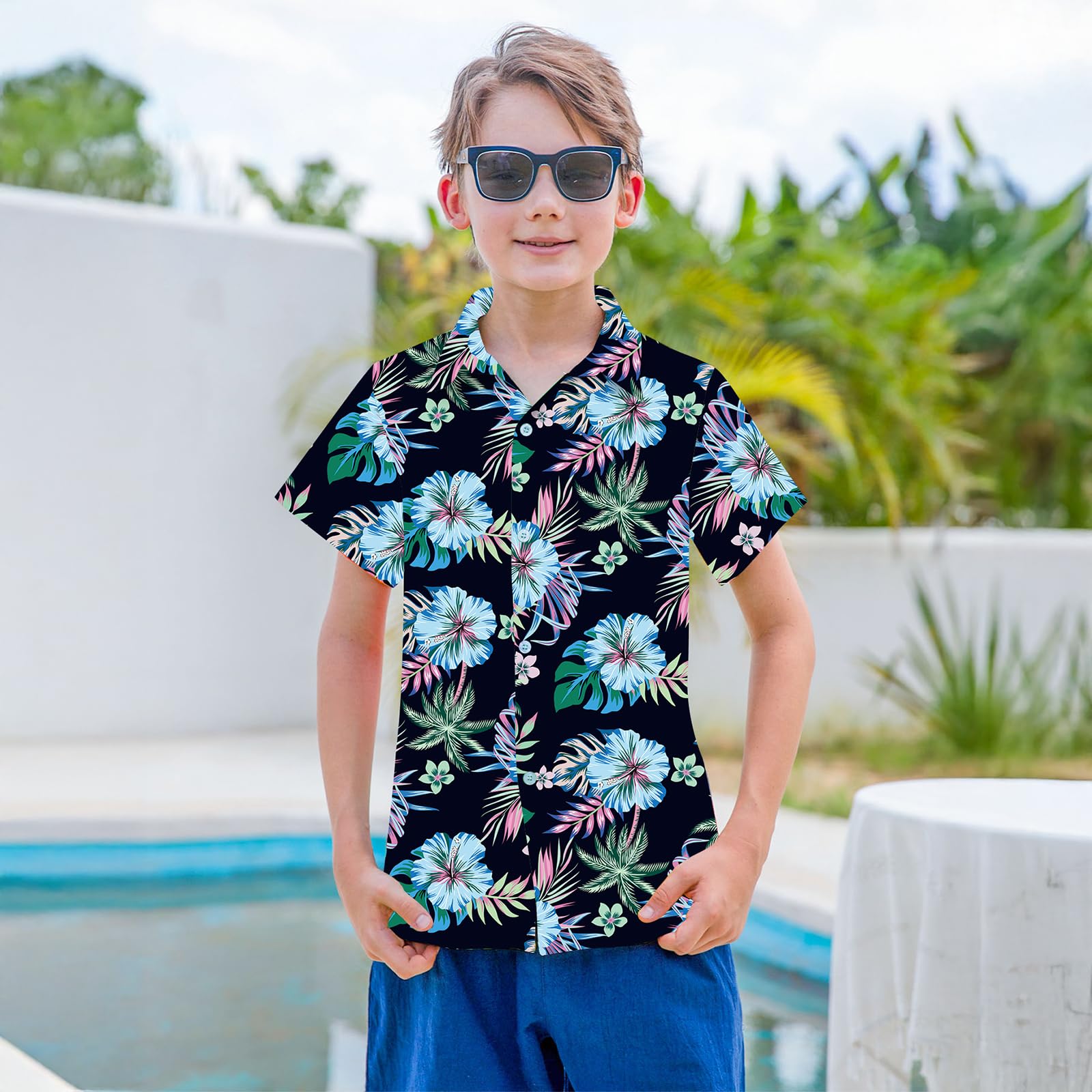 Boys Hawaiian Floral Aloha Print Shirt Button Down Dress Shirt for 7-14 Years - 4