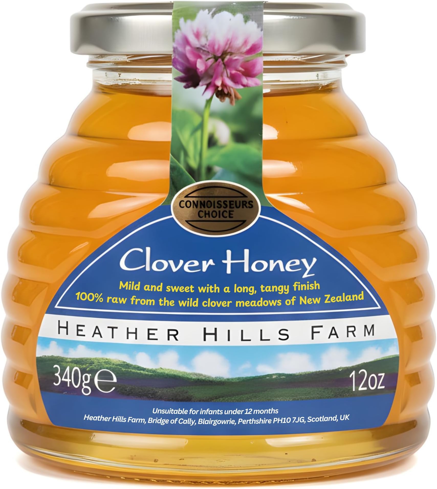 Heather Hills Farm Raw Clover Honey 340g (12oz) | Pure, Natural, Unfiltered & Unpasteurized | Runny Monofloral Honey from New Zealand in Glass Jar | Food Spread Gift, Sweet with Tangy Finish