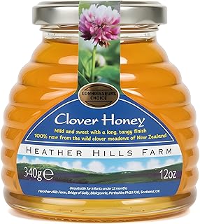 Heather Hills Farm Raw Clover Honey 340g (12oz) | Pure, Natural, Unfiltered & Unpasteurized | Runny Monofloral Honey from New Zealand in Glass Jar | Food Spread Gift, Sweet with Tangy Finish