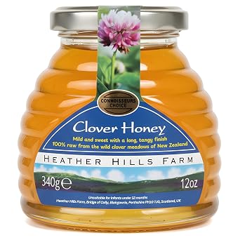 Heather Hills Farm Raw Clover Honey 340g 12oz | Pure, Natural, Unfiltered & Unpasteurized | Runny Monofloral Honey from New Zealand in Glass Jar | Food Spread Gift, Sweet with Tangy Finish