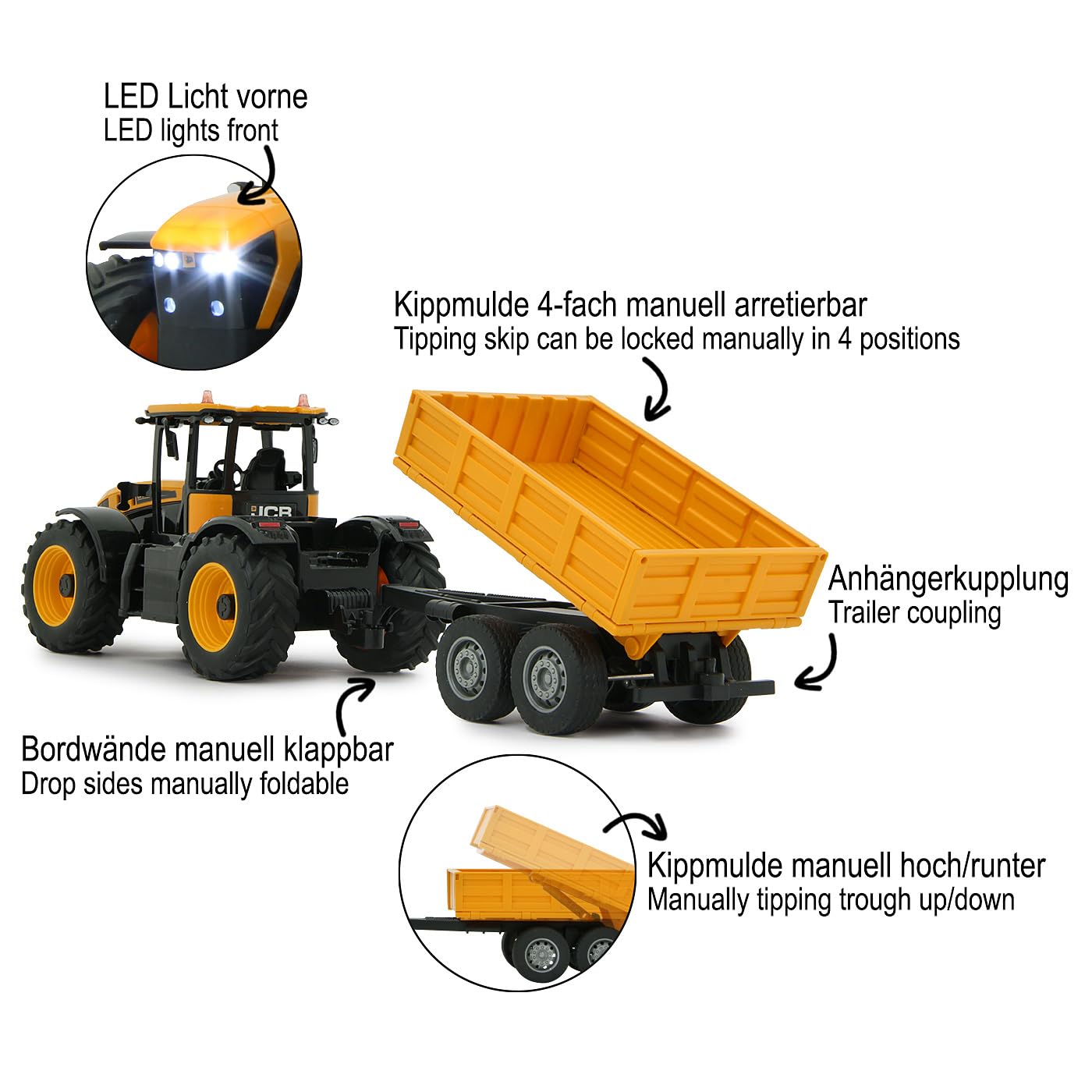 JAMARA JCB Fastrac traktor z przyczepą uchylną 1:24 2,4 GHz – napęd na 2 koła, profilowane opony gumowe, światło LED, rolnictwo