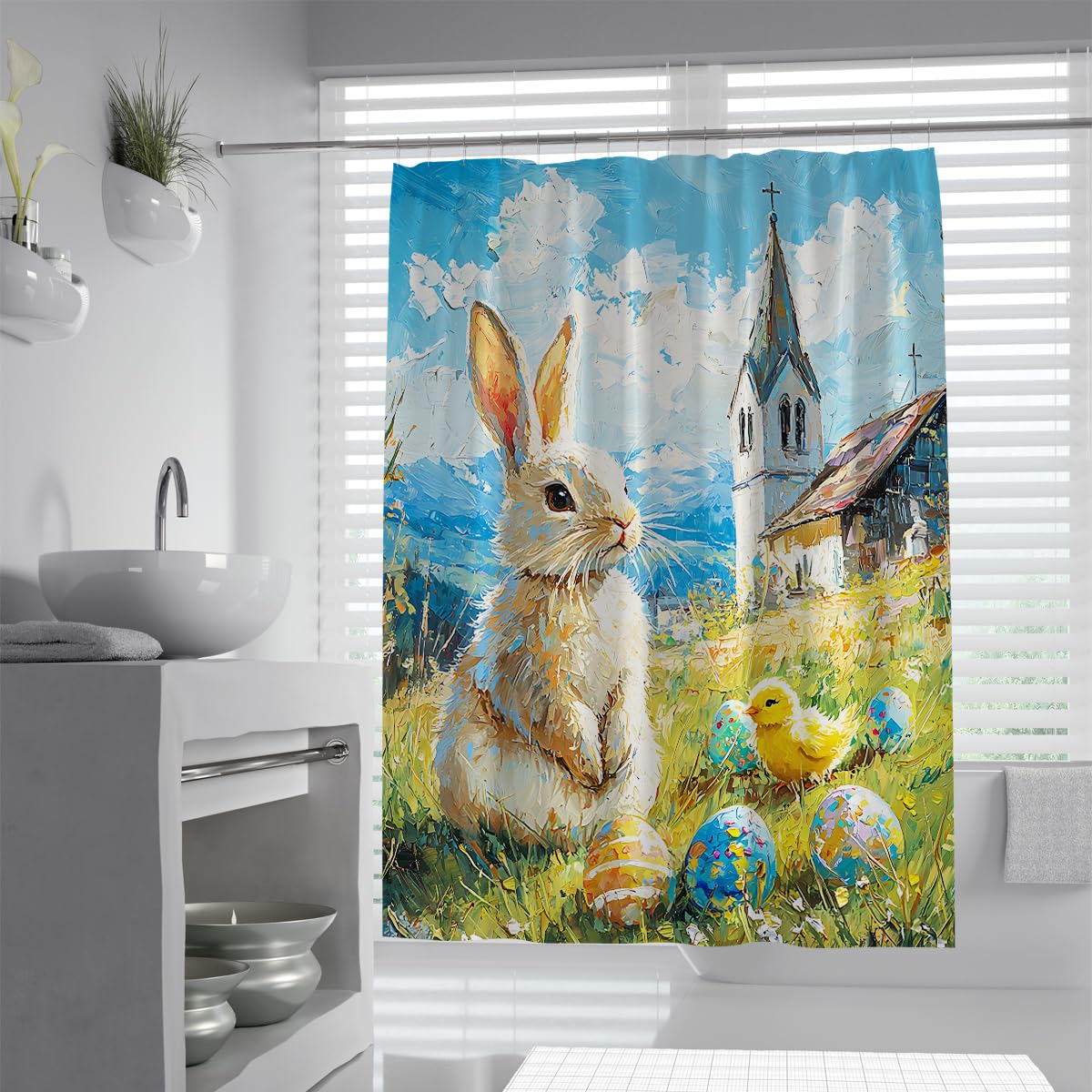 Impressionistische Kunstästhetik Duschvorhang Pastorale Ostereier Niedliche Küken-Badewannenvorhänge für Moderne Wohnaccessoires 180 x 180 cm