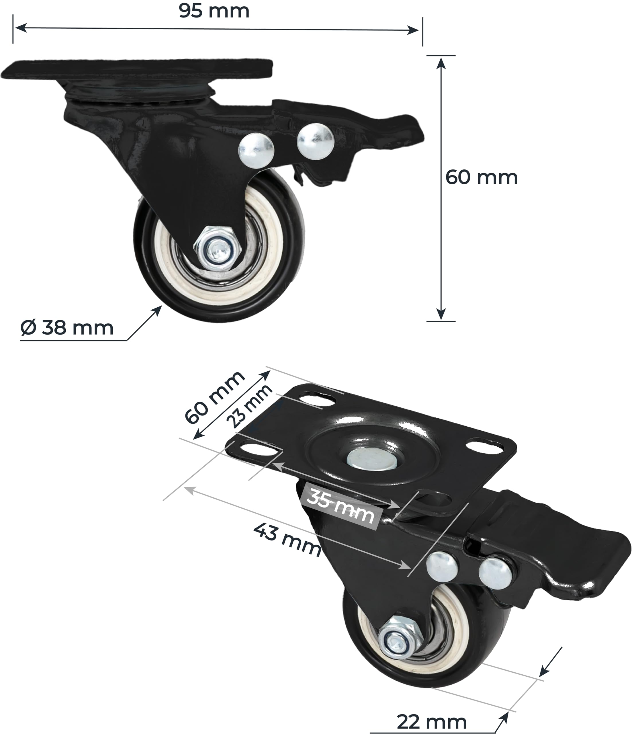 HMF 6710 Lot de 4 roulettes robustes avec frein en polyuréthane 38 mm Charge maximale 300 kg Noir
