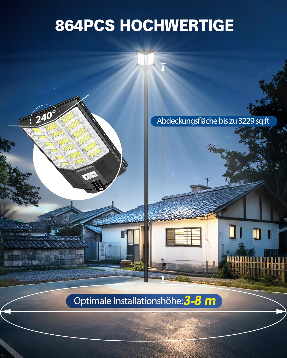 Sararoom Straßenlaternen Solar | 1000W LED Strahler Außen mit Bewegungsmelder Sensor | 864Led 6500K Wandleuchte mit Fernbedienung, IP65 Aussenleuchte Wegeleuchten für Garten Terrasse Garage Rasen Hof