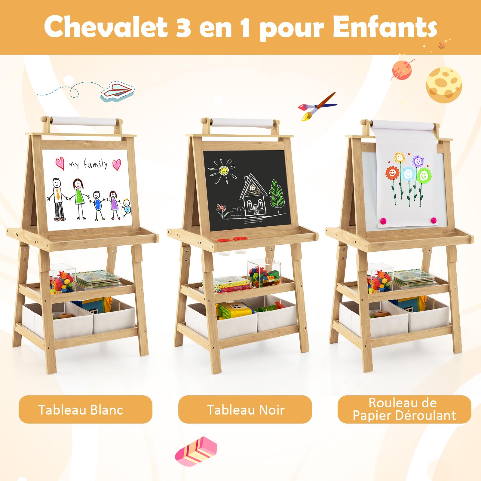 GOPLUS Caballete para niños de doble cara, Pizarra infantil de madera, Tabla de dibujo magnético con rollo de papel, cajas de almacenamiento, pintura multifunción accesorios completos (natural)