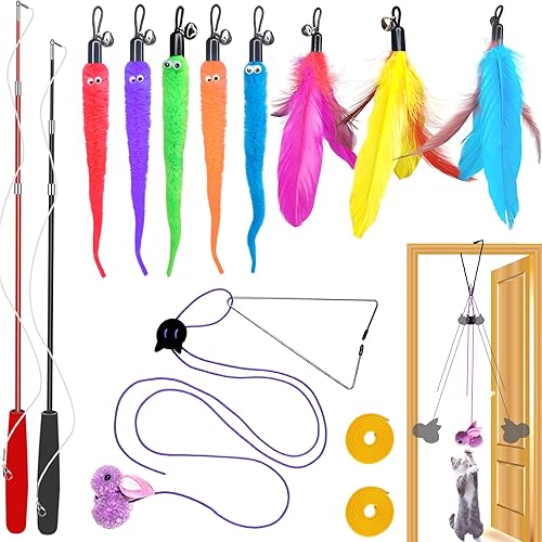 ZPH Cat Toys Interactive for Indoor Cats,2PCS Retractable Cat Wand,9PCS Teaser Toys&1PCS Hanging Door Lure Kitten Toy,Interactive Feather Toy for Teaser Play and Chase Exercise with Kitten - SET D