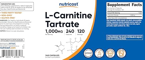 Miniatura 6 de Nutricost Tartrato de L-carnitina 500 mg, 240 cápsulas - 1000 mg por porción (3 botellas)
