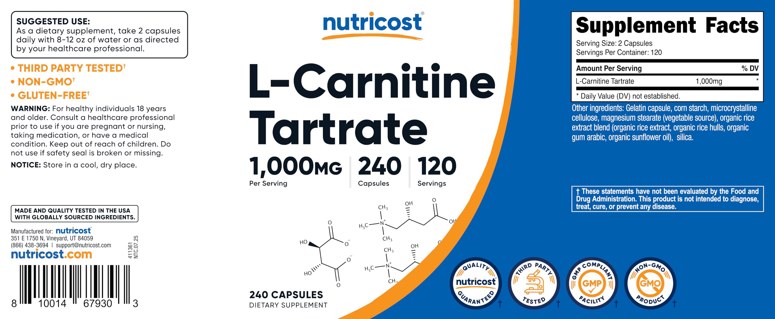 Nutricost L-Carnitine Tartrate 500mg, 240 Capsules - 1000mg Per Serving (3 Bottles)