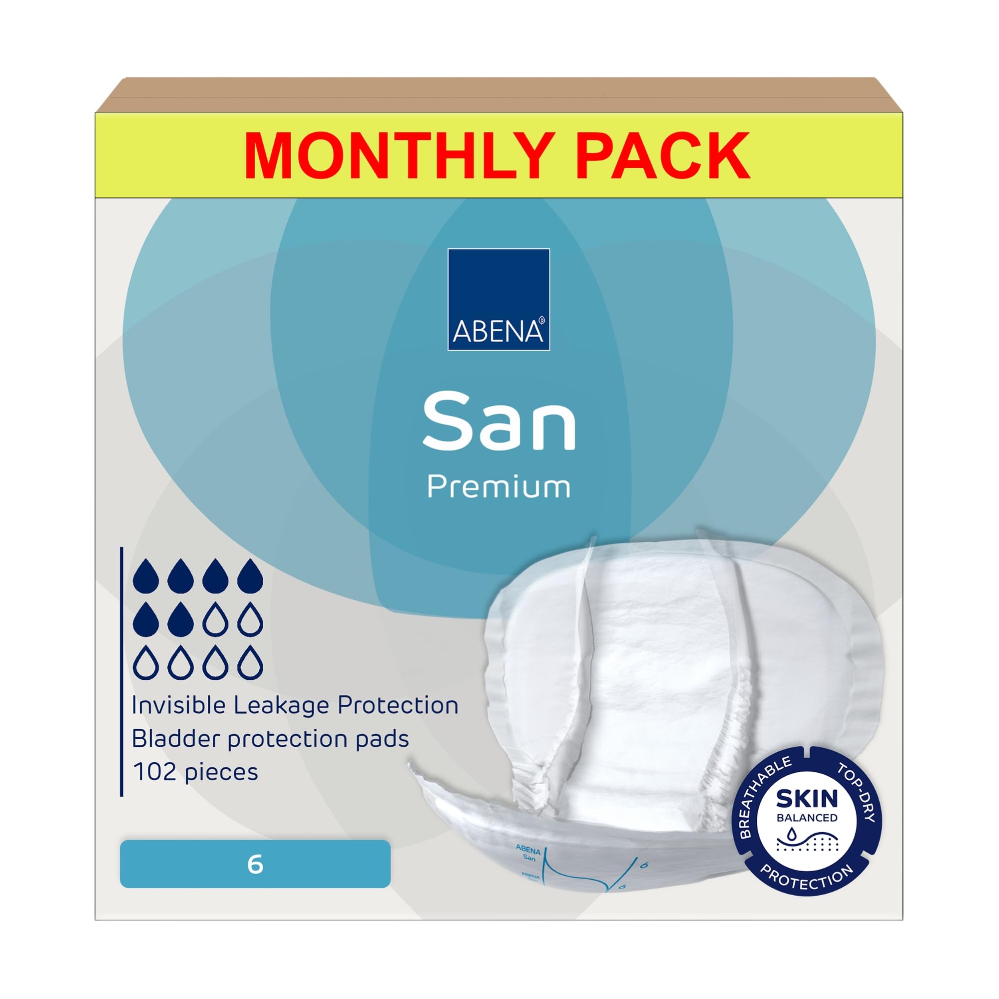 ABENA San Premium Mens & Womens Incontinence Pads, Breathable & Comfortable, Fast Absorption, Discreet & Effective Shaped Incontinence Pads for Men/Women - Premium 6, 1600ml Absorbency, 3x 34PK