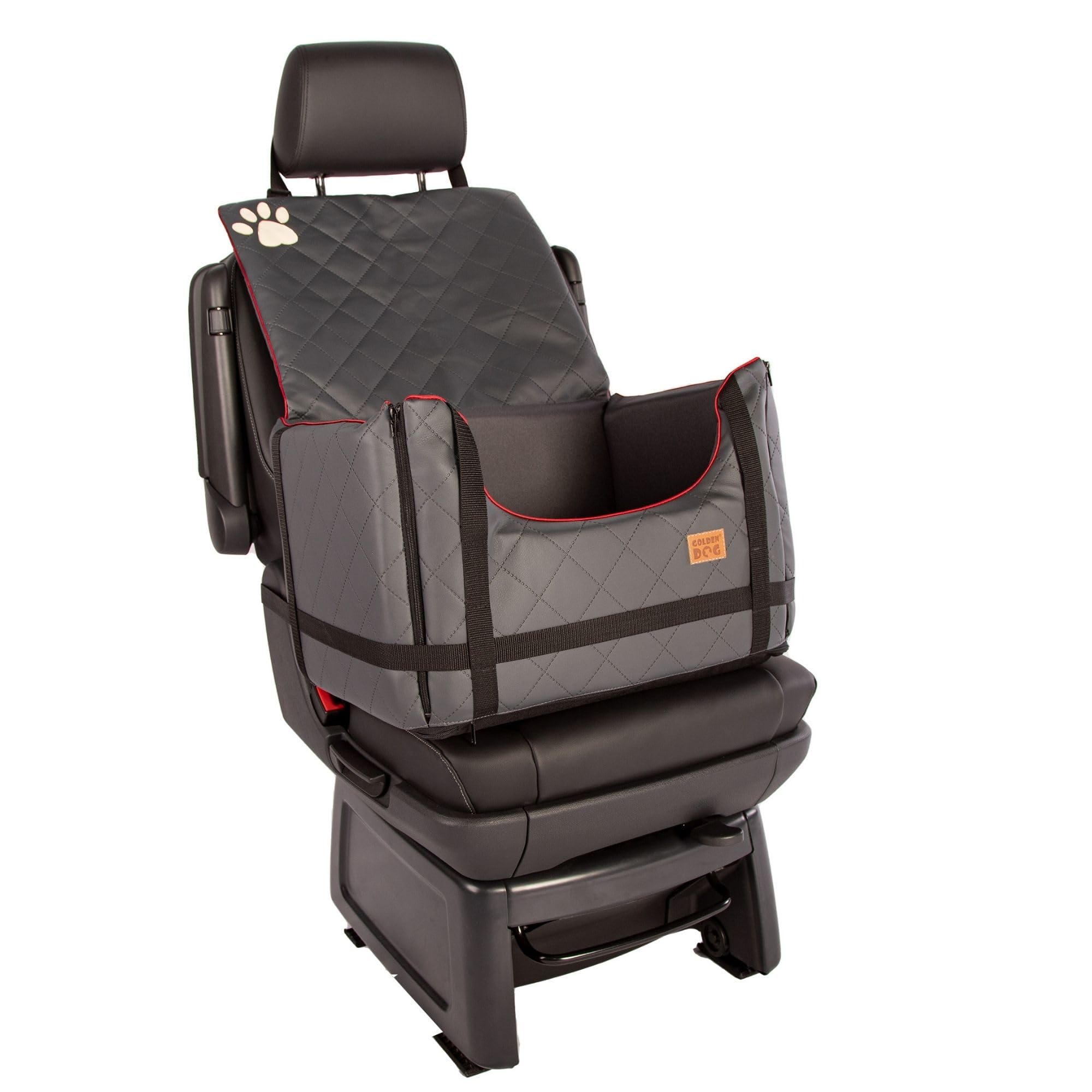 Golden Dog - Caja de transporte para perros con cinturón de seguridad M-52 x 44 x 33 cm - Asiento de coche de imitación de cuero para perro asiento impermeable para perro - Asiento de pasajero para
