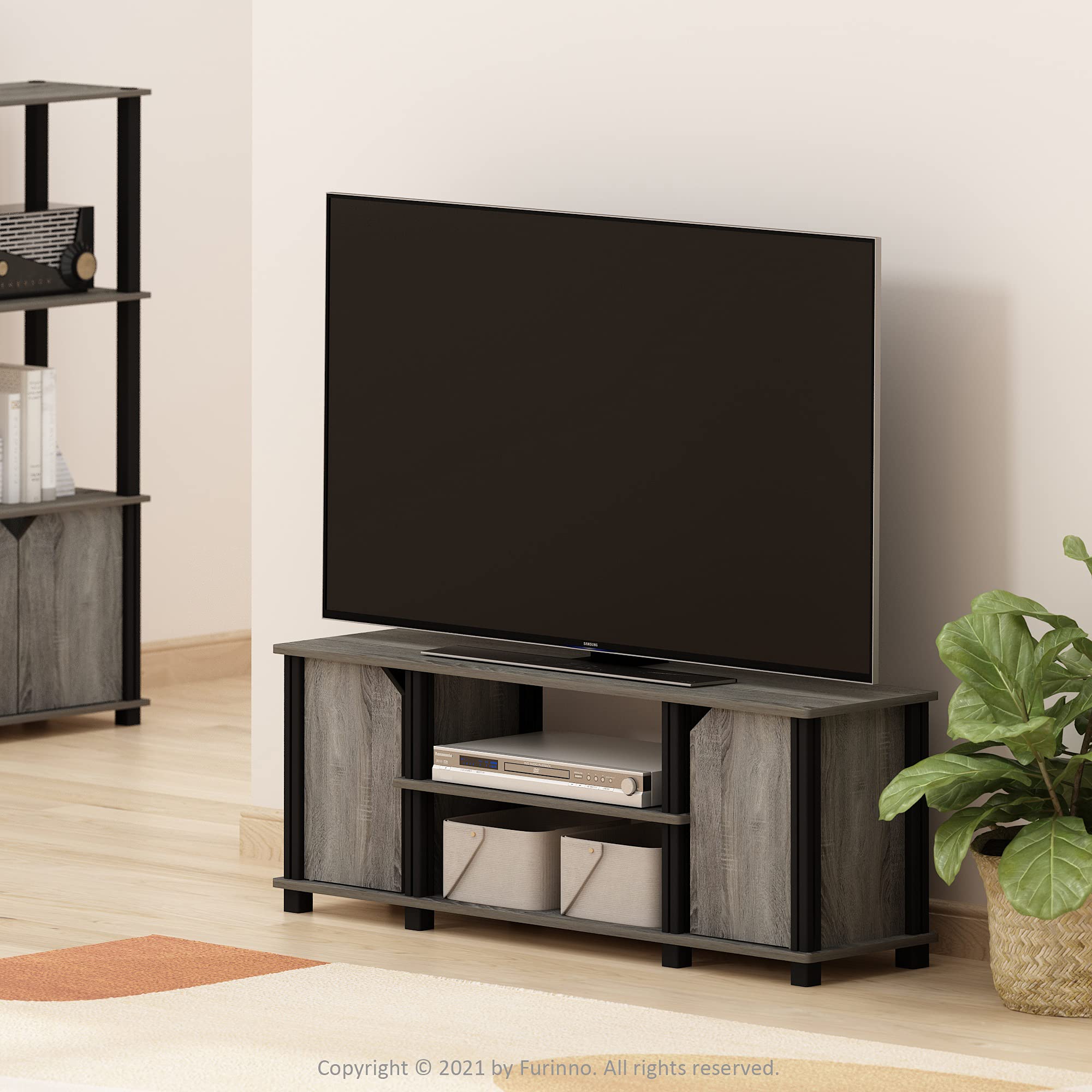 Furinno Brahms Meuble TV avec étagères et Rangement, Bois, Chêne français/Noir, 111,2 (L) x 40,6 (H) x 29,7 (P) cm
