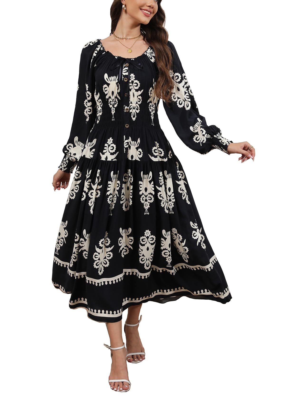 OSTOO Women's 2025 Casual Long Sleeve Square Neck Smocked High Waist Flowy Maxi Dress,Boho Tiered Beach Party Dress