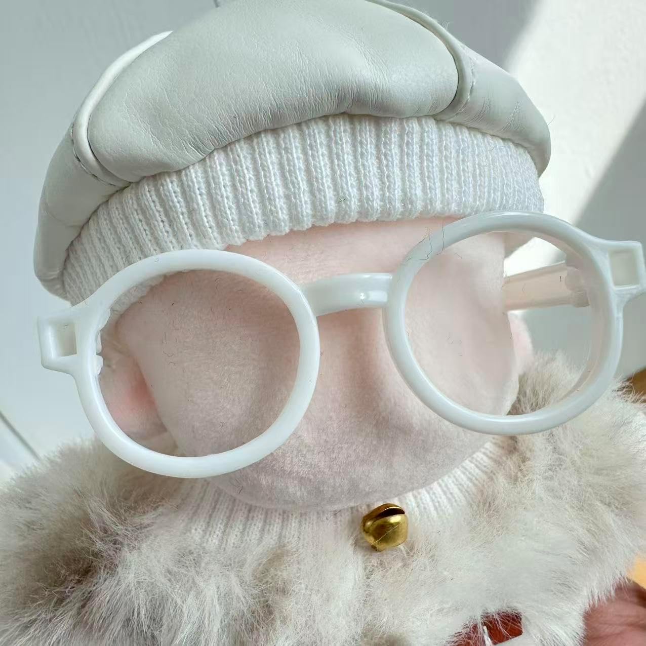 Plush Doll Clothes Set of 4 Luxury Leopard Pattern Fur for 3.9 inches (10 cm) Beret with Round Glasses Sewing Clothes, Push Up Costume, White Leopard