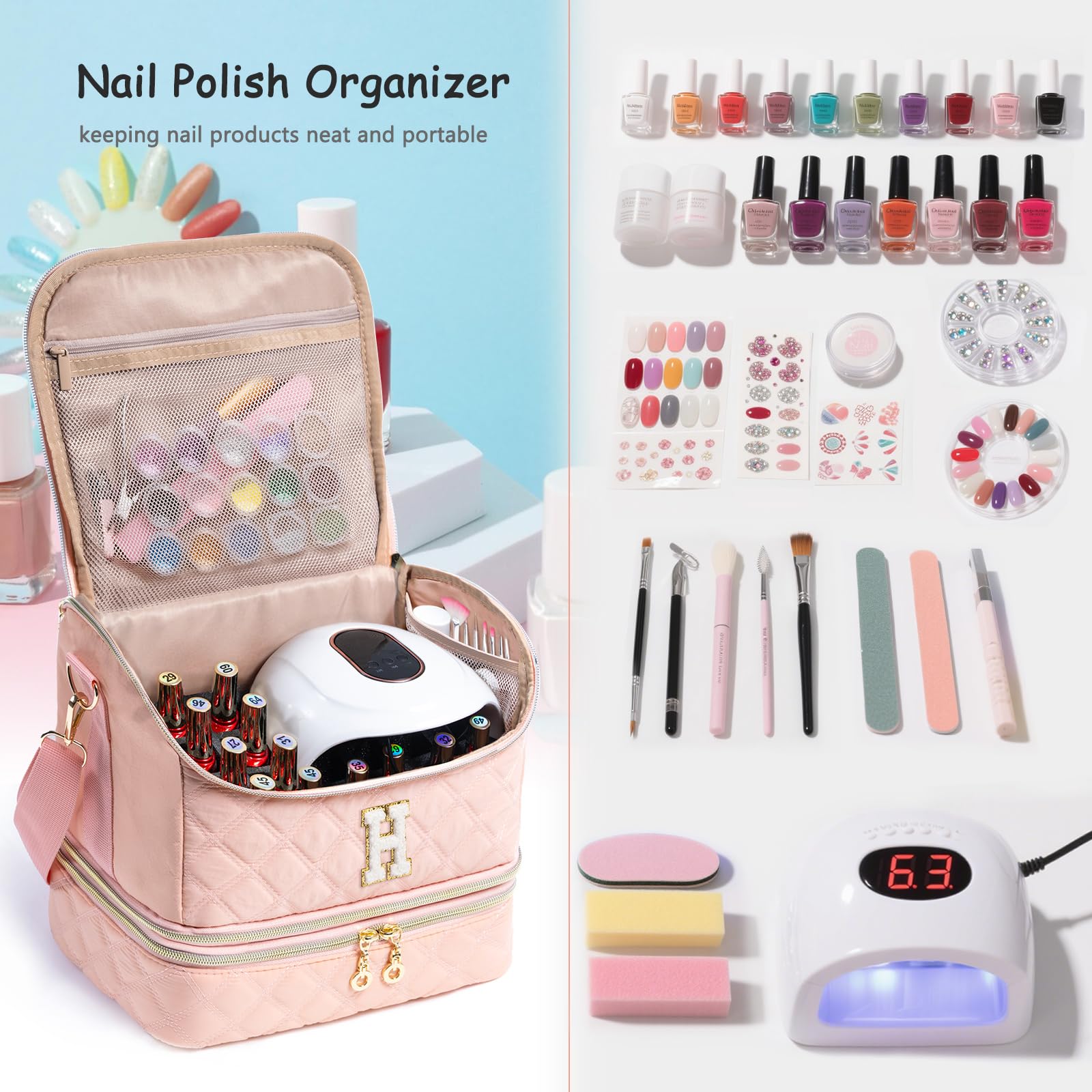 Organizador personalizado de esmalte de uñas con inicial, capacidad para 48 botellas (15 ml), lámpara de uñas y herramientas, bolsa de uñas para organizadores y almacenamiento de uñas, soporte
