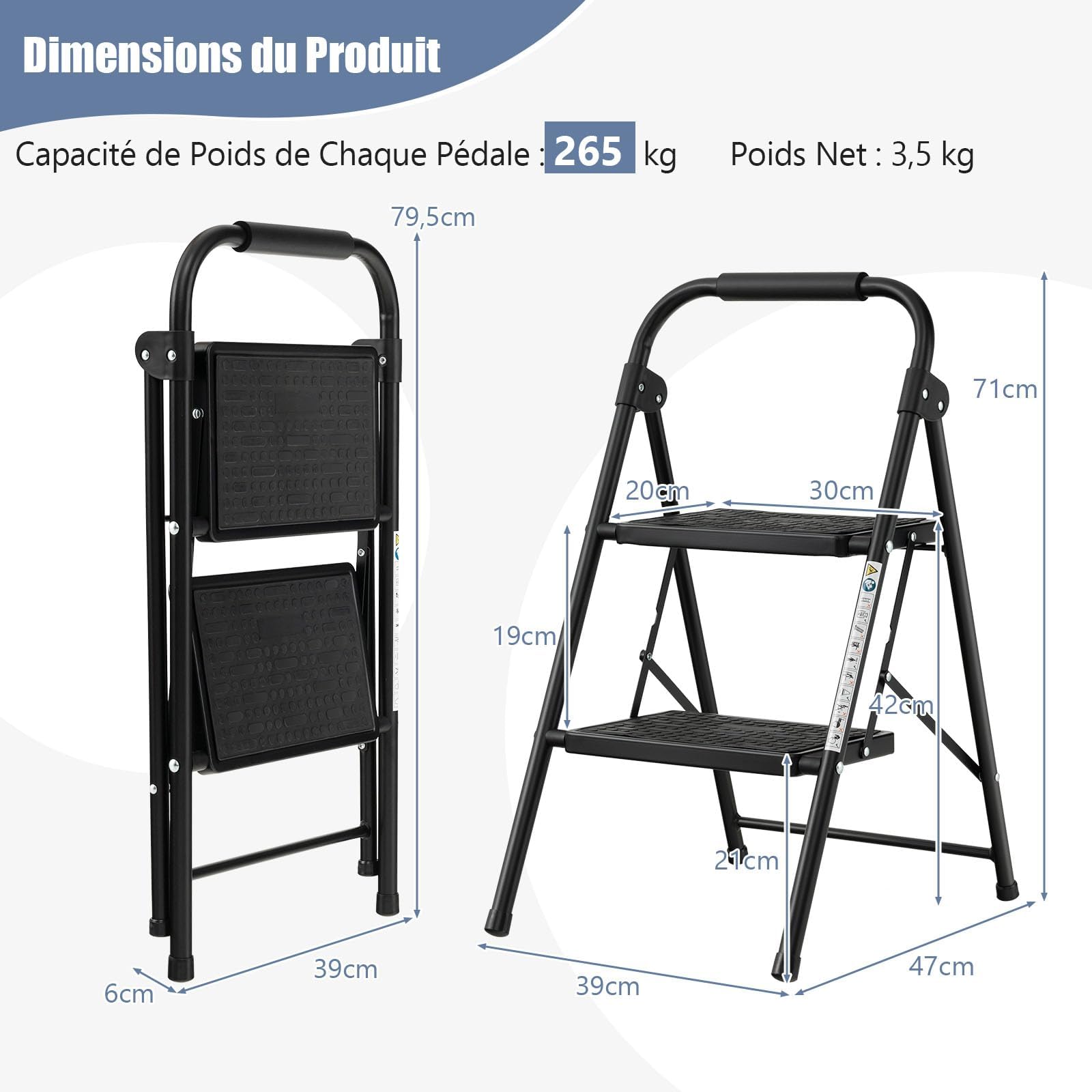 GYMAX Escabeau 2 Marches Pliable, Charge 265 kg, avec Pédales Larges et Antidérapantes, Poignée Rembourrée, Cadre Métallique, Utilisation Intérieur Extérieur