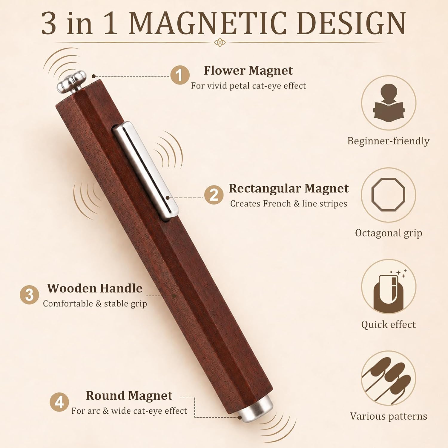 3 In 1 Nail Magnet, Multifunctional Cat Eye Gel Nail Polish Magnet with Octagonal Mahogany Shell Protective Cover for Cat Eye Nail Art Design (Black Walnut)