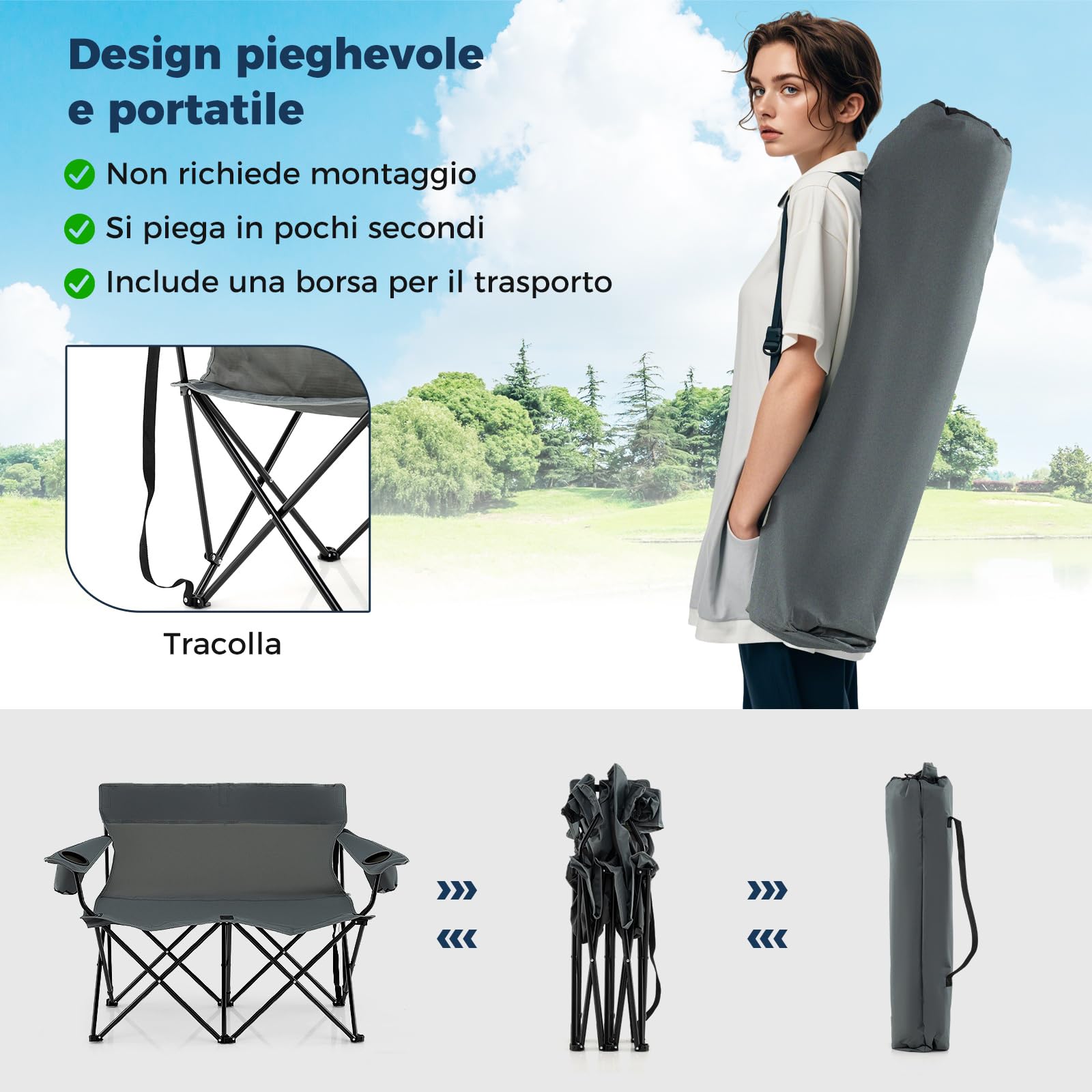 COSTWAY Sedia da Campeggio Doppia, Poltrona Pieghevole per 2 Persone con Portabicchieri, Borsa per il Trasporto, Sedia da Giardino Portatile per Spiaggia, Picnic, Pesca, Portata 300 kg (Grigio)