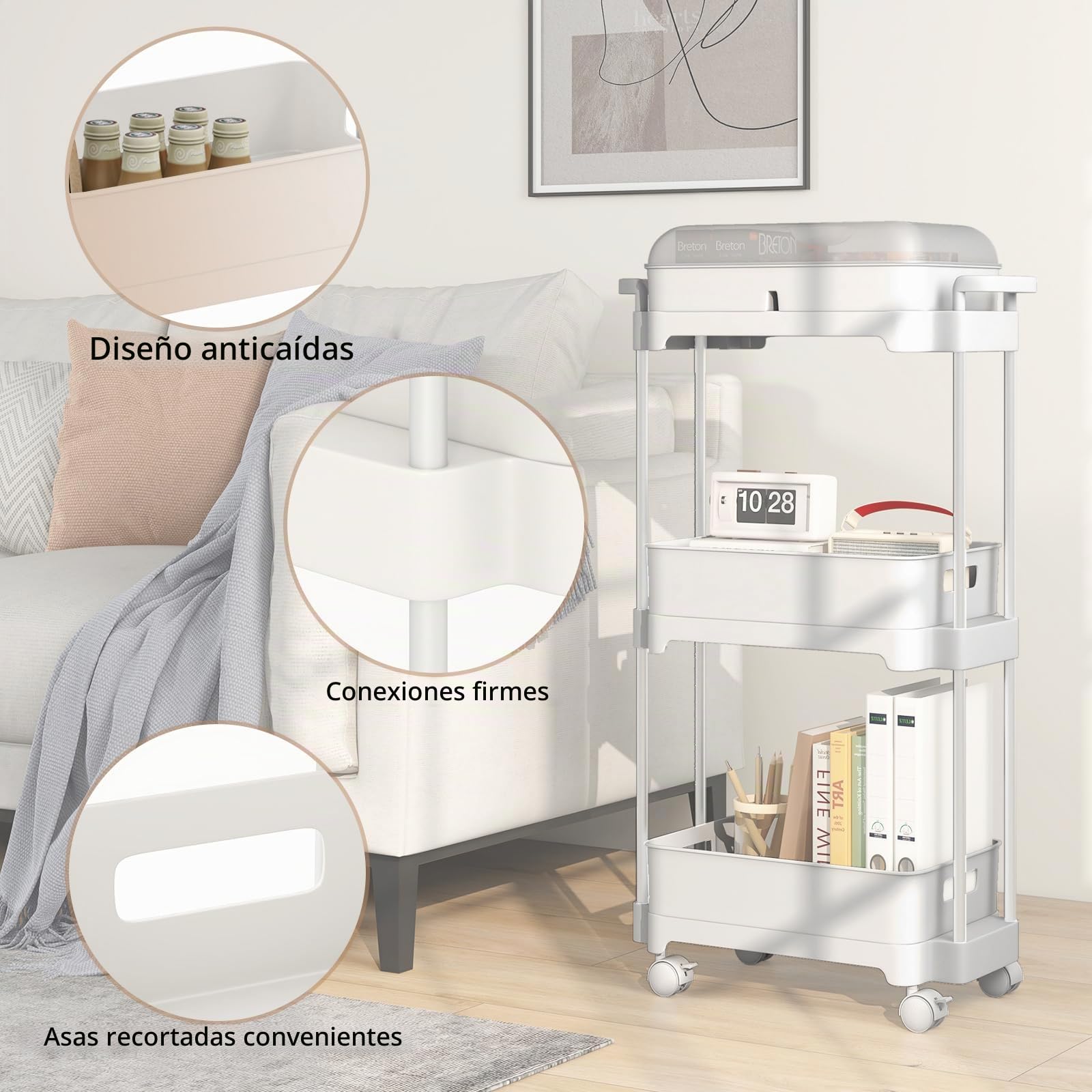 HOMASIS Carro de Servicio con 3 estantes extraíbles, Carrito de Multifuncional con Ruedas bloqueables, Carrito de Almacenamiento de Aluminio con Tapa para salón, Cocina y Oficina, 46x21x82cm, Blanco
