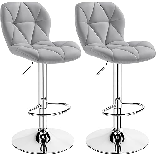 Yaheetech Grey Bar Stools Set of 2, PU Leather Bar Chairs with Backrest, Height Adjustable Swivel Island Stools for Bar, Kitchen Counter, Light Grey