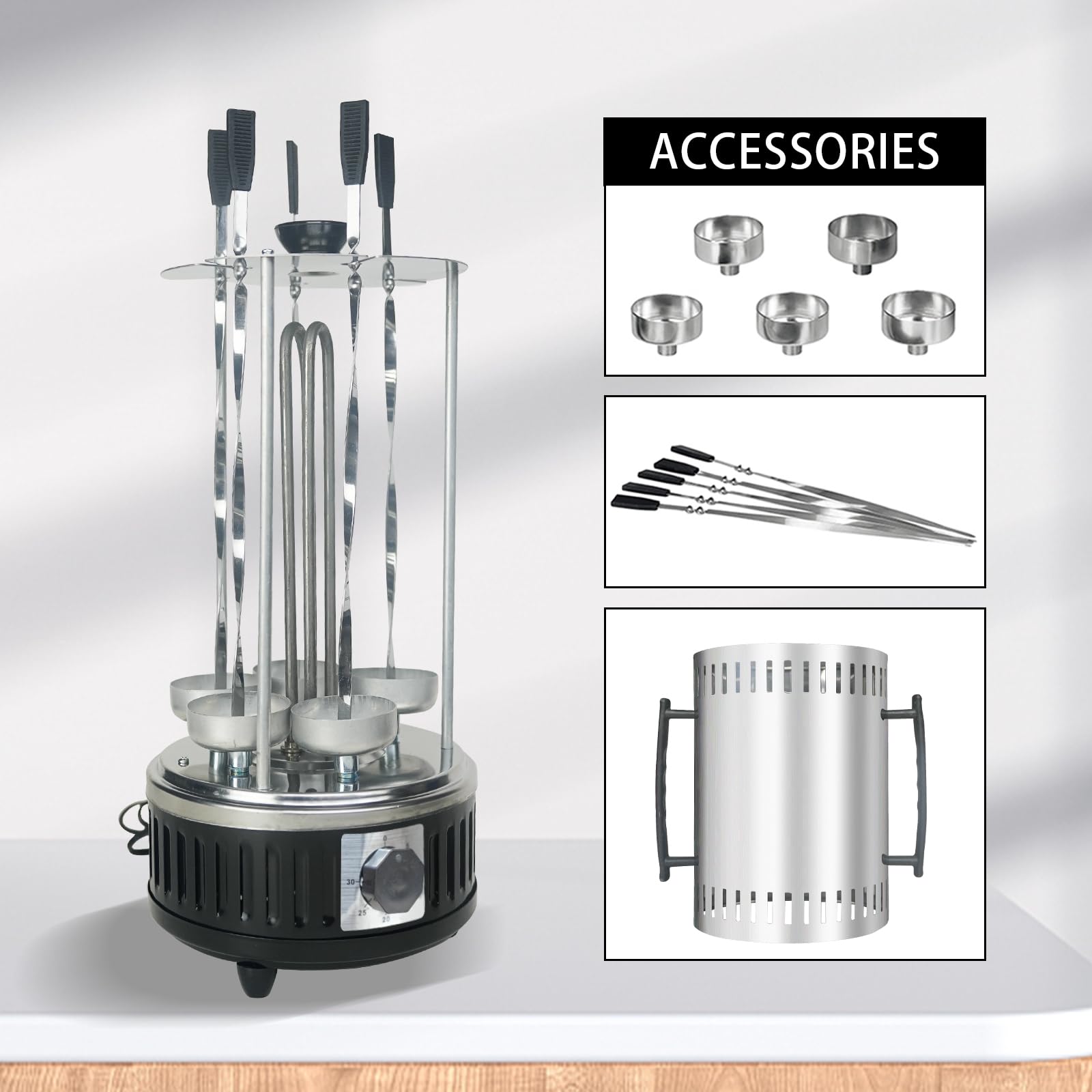 AUPLEX Upgraded Countertop Vertical Rotating Oven - Rotisserie Shawarma Machine, Kebob Machine, Stainless Steel Body W/Heat Resistant Door, Includes 5 Skewers & 5 Oil Collecting Cups, US Plug, 110V