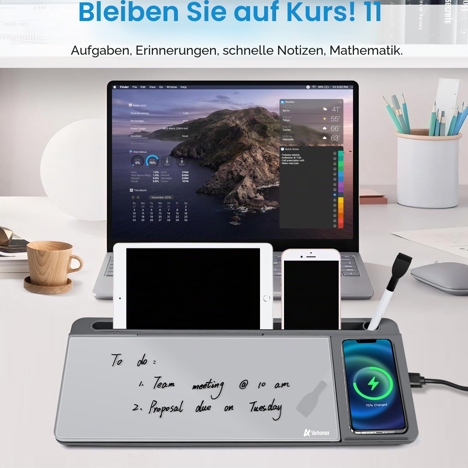 Varhomax Glas-Schreibtisch-Whiteboard mit kabellosem Ladegerät, trocken abwischbares Whiteboard mit Aufbewahrung, Schreibtischtafel, Buddy für To-do-Liste, Notizblock für Zuhause und Büro (Grau) | Whiteboard für den Schreibtisch, trocken abwischbar, mit A