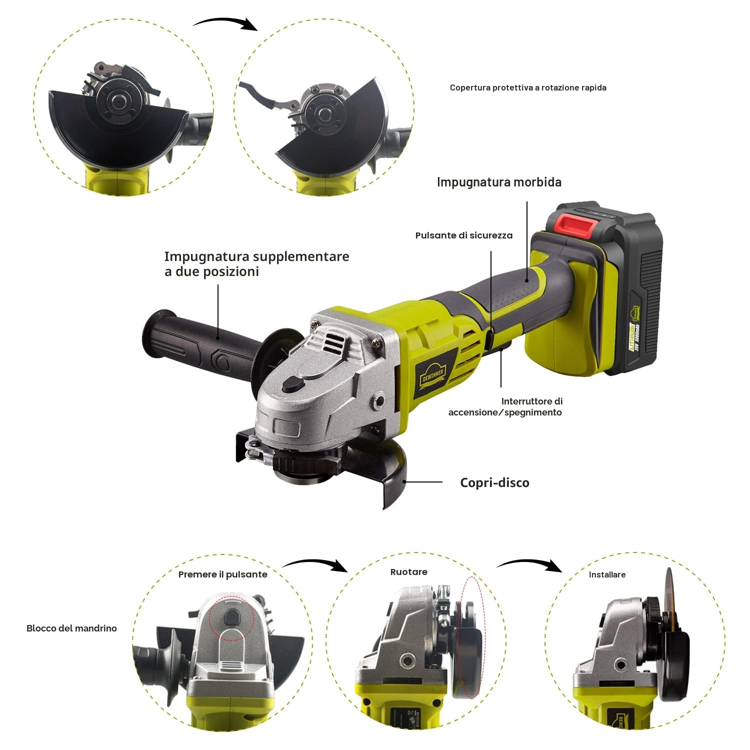 DEWINNER Smerigliatrice a Batteria, Flessibile a Batteria 115 mm, 2 Batterie 3 Ah, Impugnatura Ausiliaria, Caricatore Rapido, 2 Dischi di Molatura per Smerigliatura, Taglio e Lucidatura