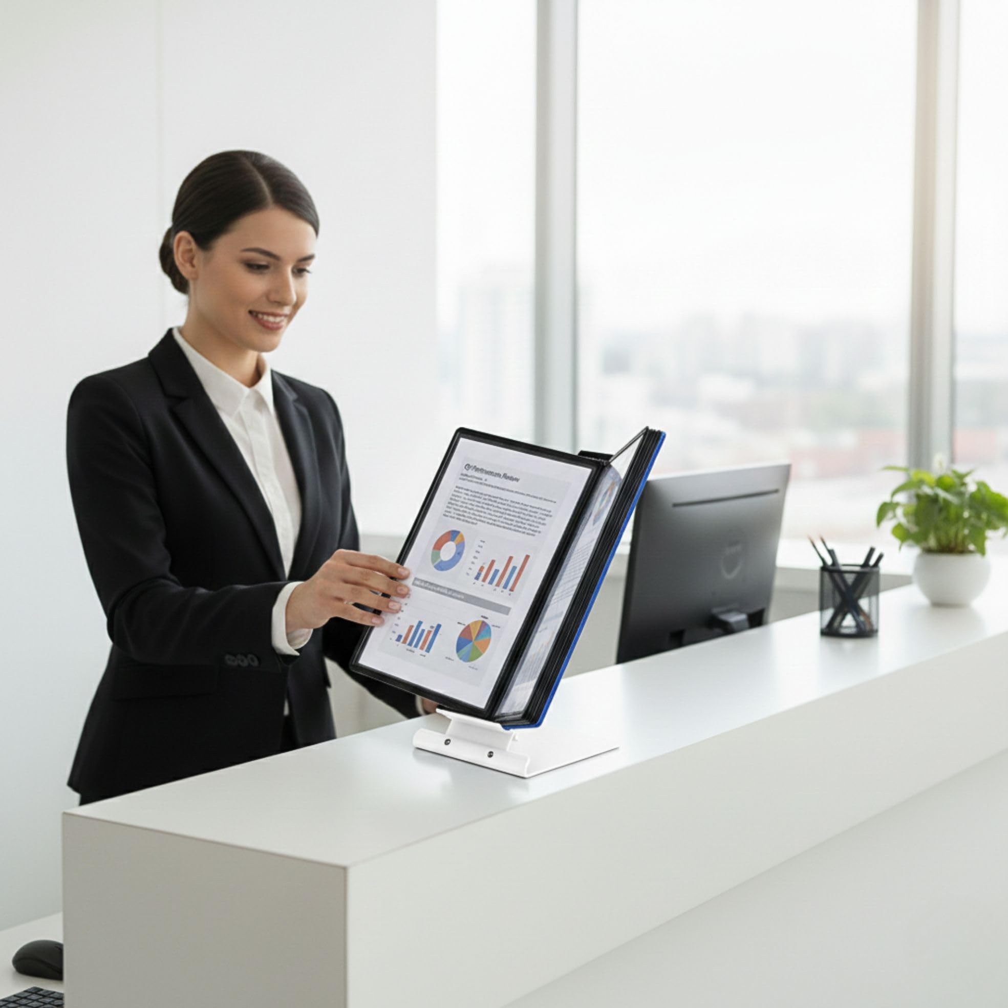 LEVIATAN Système de Présentation de Table A4 avec 10 Panneaux – Support Métallique Stable – Porte-Documents Rotatif pour Bureau, Atelier, Accueil – Noir