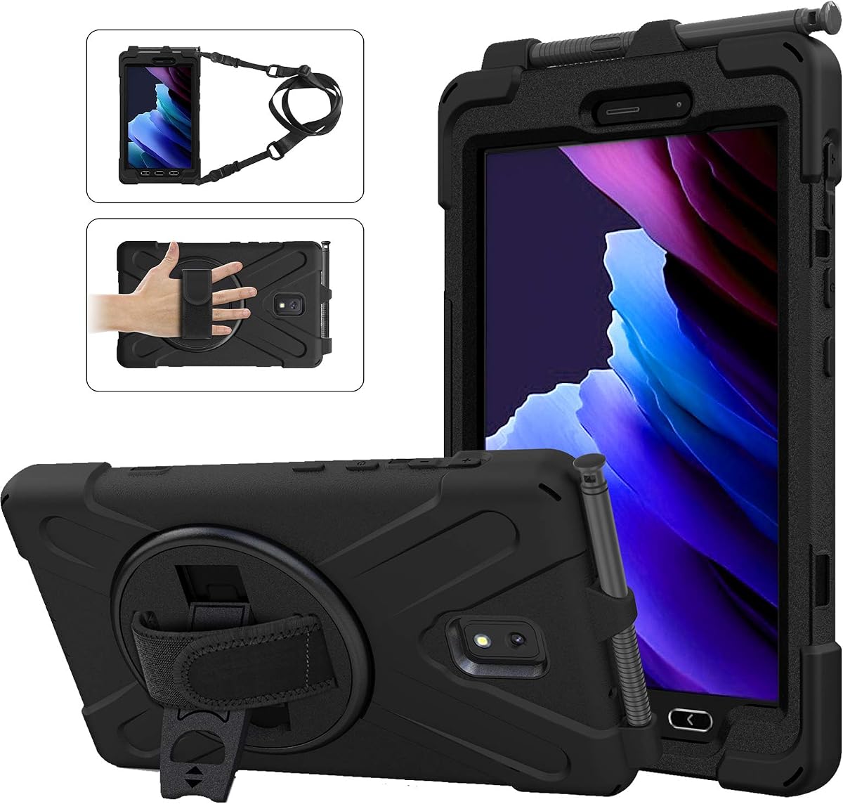Funda para Samsung Galaxy Tab Active3/Active5 8.0, con soporte 360, correa de mano y correa para el hombro para Samsung Galaxy Tab Active5 8" 2024, Active3 8" 2020 SM-X300/X307/T570/T577 (negro)