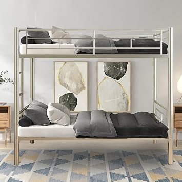 Metal Bunk Bed Twin Over Twin with 2 Side Ladders and high Guardrail, Convertible Heavy Duty Bunk Beds for Boys Girls Teens Adults, No Box Spring Needed, Space Saving Silver