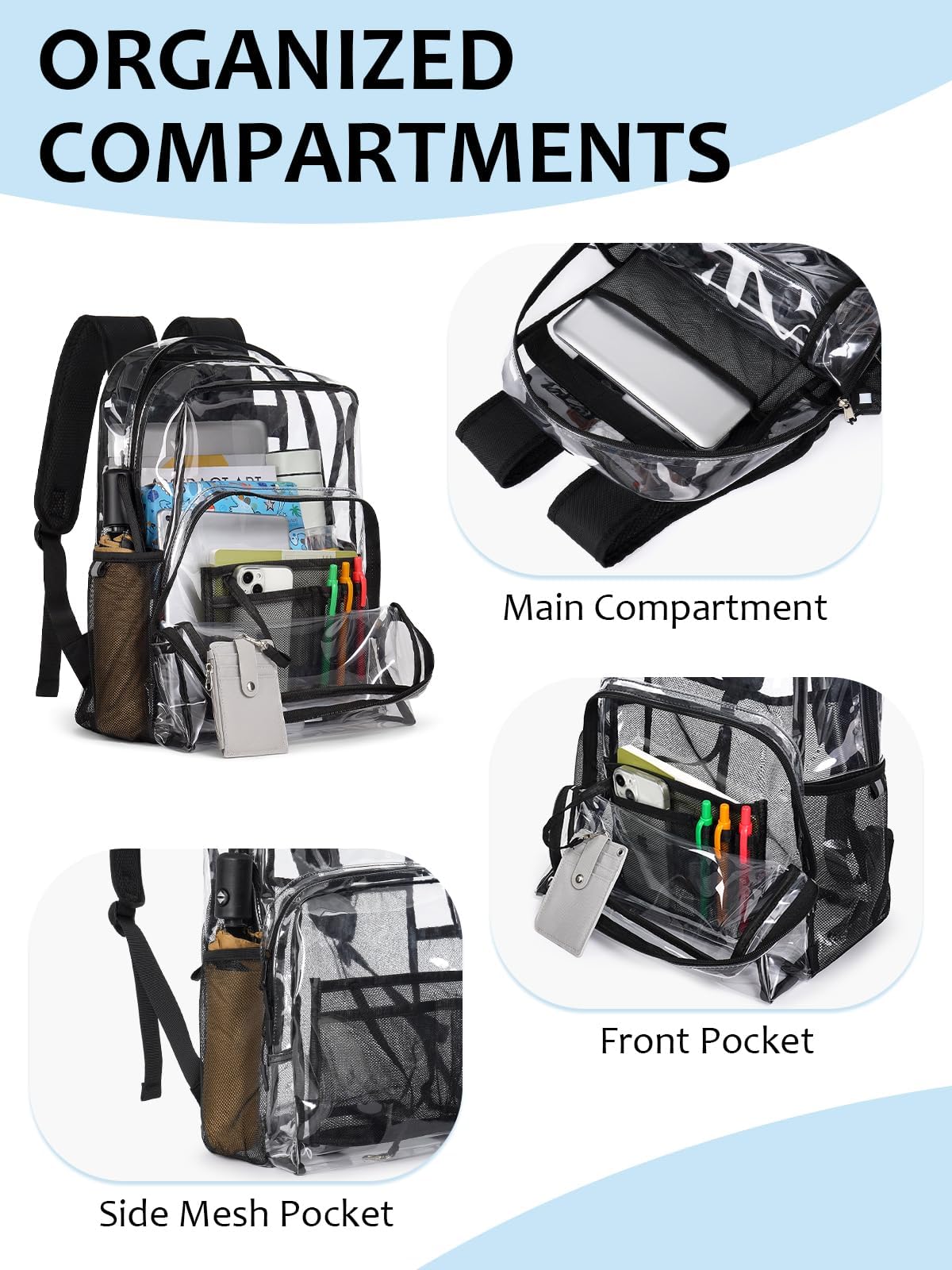 Zaino trasparente per la scuola, 17 pollici grande resistente TPU trasparente Bookbag per ragazzi ragazze adulti per college casual, nero, Large, Trasparente